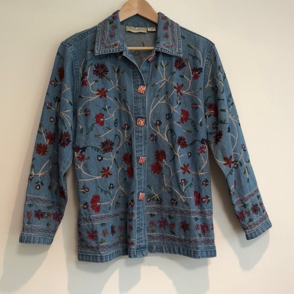 Vintage Pushpa floral embroidered jean shirt with square buttons size small